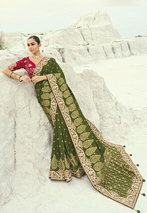 Woven Viscose Silk Jacquard Saree in Olive Green