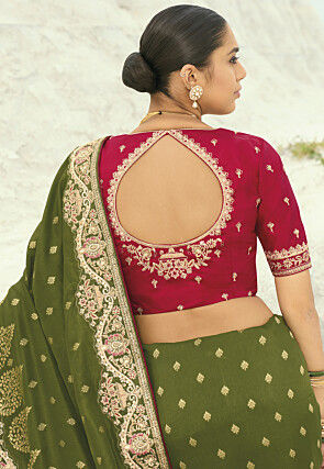 Woven Viscose Silk Jacquard Saree in Olive Green