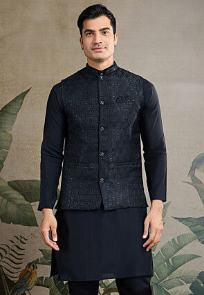Woven Viscose Silk Kurta with Jacket in Black