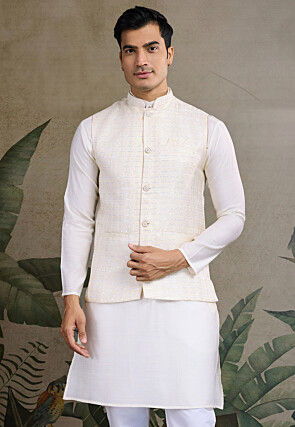 Woven Viscose Silk Kurta with Jacket in Off White
