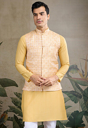 Woven Viscose Silk Kurta with Jacket in Yellow and Beige
