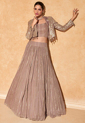 Woven Viscose Silk Jacquard Lehenga in Fawn