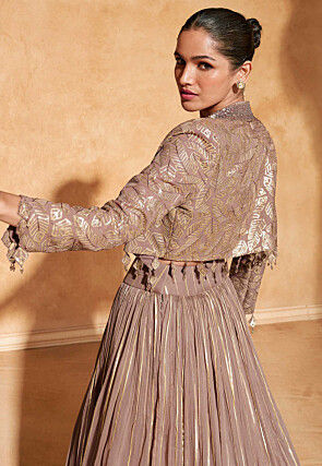 Woven Viscose Silk Jacquard Lehenga in Fawn