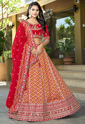 Woven Viscose Silk Lehenga in Red