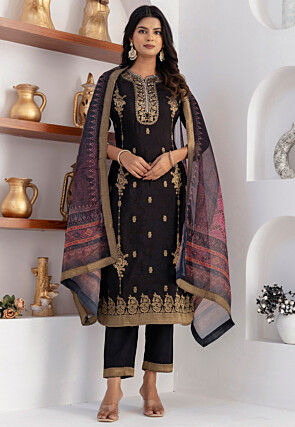 Woven Viscose Silk Pakistani Suit in Black