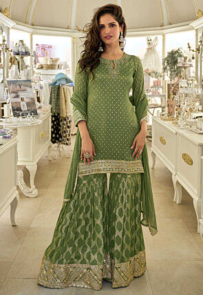 Woven Viscose Silk Pakistani Suit in Green