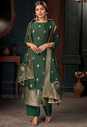 Woven Viscose Silk Pakistani Suit in Green