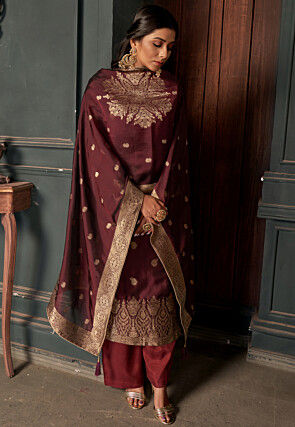 Woven Viscose Silk Pakistani Suit in Maroon