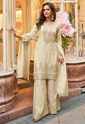 Woven Viscose Silk Pakistani Suit in Off White