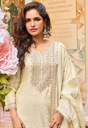 Woven Viscose Silk Pakistani Suit in Off White