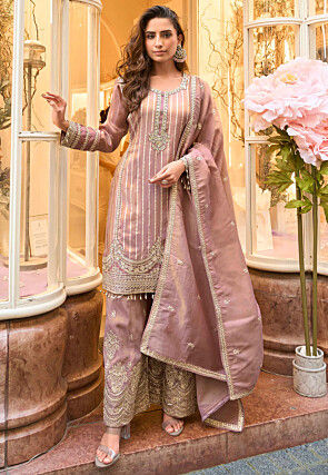 Woven Viscose Silk Pakistani Suit in Old Rose