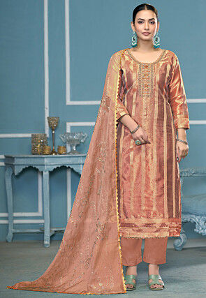 Woven Viscose Silk Pakistani Suit in Peach