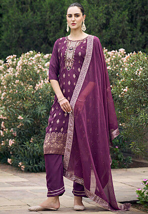 Woven Viscose Silk Jacquard Pakistani Suit in Wine