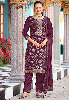 Woven Viscose Silk Pakistani Suit in Wine
