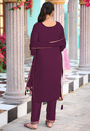 Woven Viscose Silk Pakistani Suit in Wine