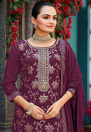 Woven Viscose Silk Pakistani Suit in Wine