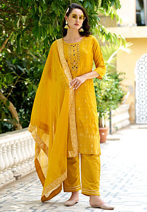 Woven Viscose Silk Jacquard Pakistani Suit in Yellow