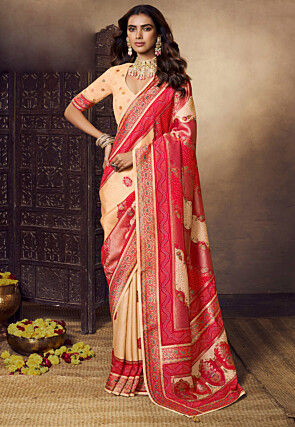 Woven Viscose Silk Saree in Beige and Red