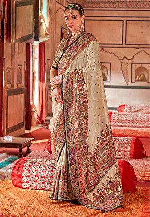 Digital Printed Viscose Silk Saree in Cream