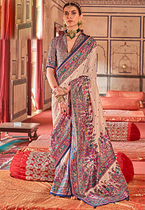 Digital Printed Viscose Silk Saree in Cream