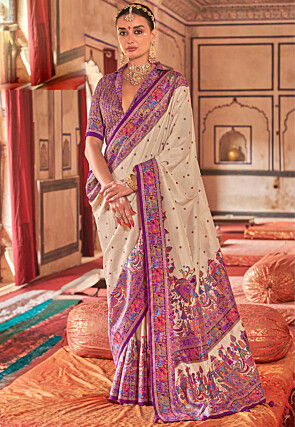 Digital Printed Viscose Silk Saree in Cream