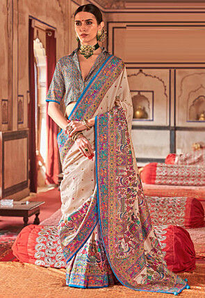 Digital Printed Viscose Silk Saree in Cream