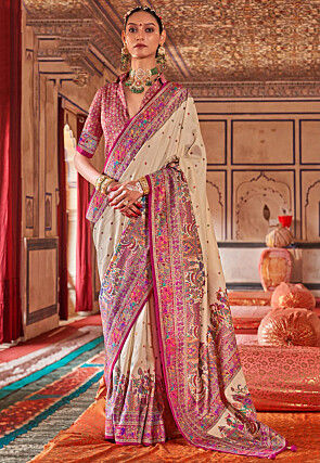Digital Printed Viscose Silk Saree in Cream