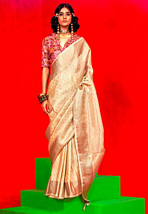 Woven Viscose Silk Saree in Cream