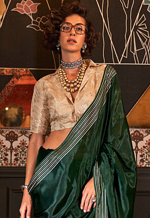Woven Viscose Silk Saree in Dark Green