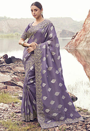 Woven Viscose Silk Scalloped Saree in Light Purple