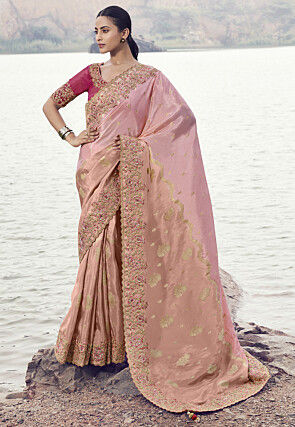 Woven Viscose Silk Scalloped Saree in Pink