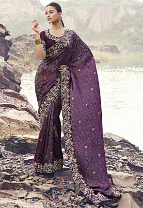 Woven Viscose Silk Scalloped Saree in Purple