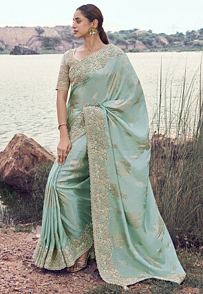 Woven Viscose Silk Scalloped Saree in Sea Green