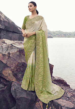Woven Viscose Silk Saree in Shaded Off White and Light Green