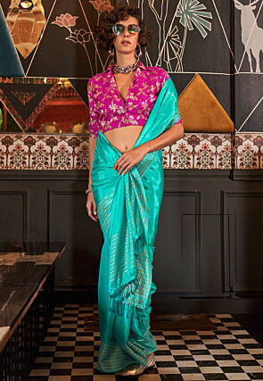 Woven Viscose Silk Saree in Turquoise