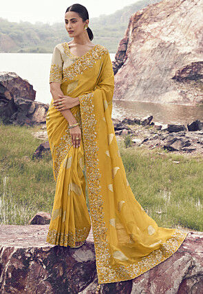Woven Viscose Silk Scalloped Saree in Yellow