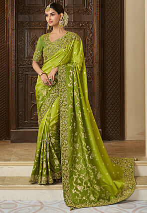 Woven Viscose Tissue Jacquard Scalloped Saree in Light Green Ombre