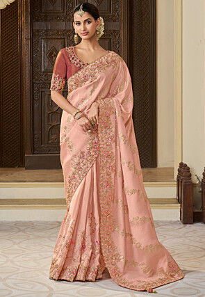 Woven Viscose Tissue Jacquard Scalloped Saree in Peach