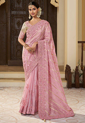 Woven Viscose Tissue Jacquard Scalloped Saree in Pink