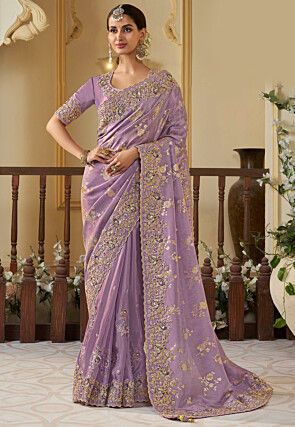 Woven Viscose Tissue Jacquard Scalloped Saree in Purple