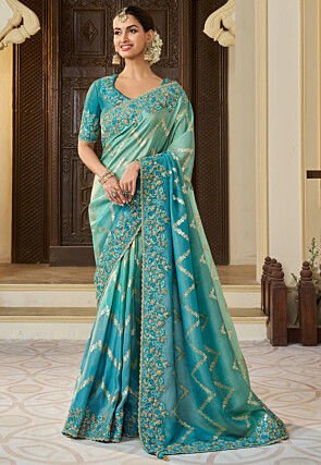 Woven Viscose Tissue Jacquard Scalloped Saree in Teal Blue Ombre
