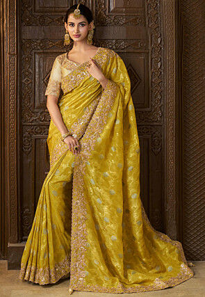 Woven Viscose Tissue Jacquard Scalloped Saree in Yellow