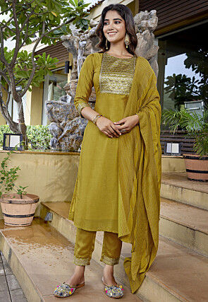 Woven Yoke Art Silk Pakistani Suit in Mustard