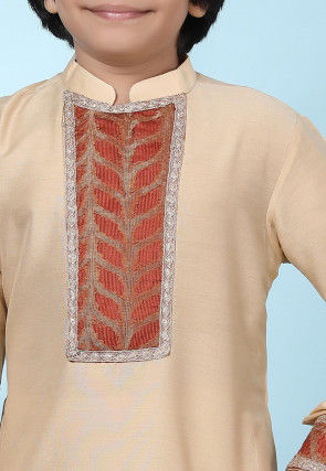 Woven Yoke Cotton Silk Kurta Set in Beige