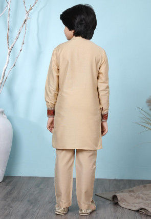 Woven Yoke Cotton Silk Kurta Set in Beige