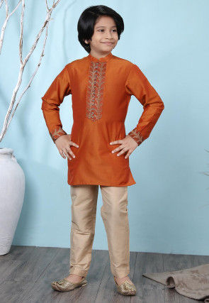 Woven Yoke Cotton Silk Kurta Set in Rust