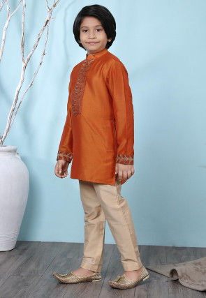 Woven Yoke Cotton Silk Kurta Set in Rust