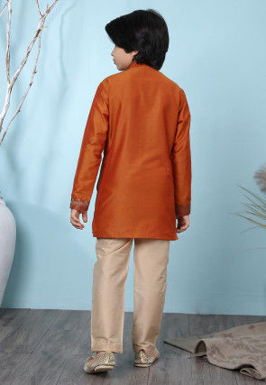 Woven Yoke Cotton Silk Kurta Set in Rust
