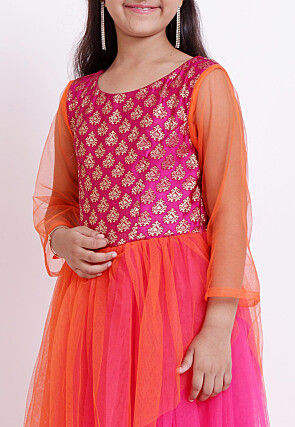 Woven Yoke Net Gown in Fuchsia and Orange