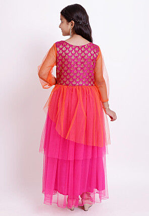 Woven Yoke Net Gown in Fuchsia and Orange